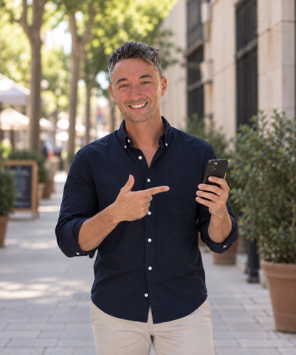 Cole outdoors on a tree-lined street, smiling and pointing at the phone in his hand.