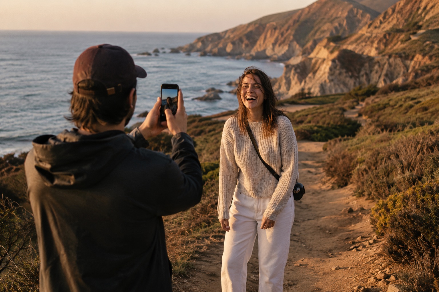 A guy taking a photo of his girlfriend with his phone on a coastal trail at golden hour — she's laughing, not posing.