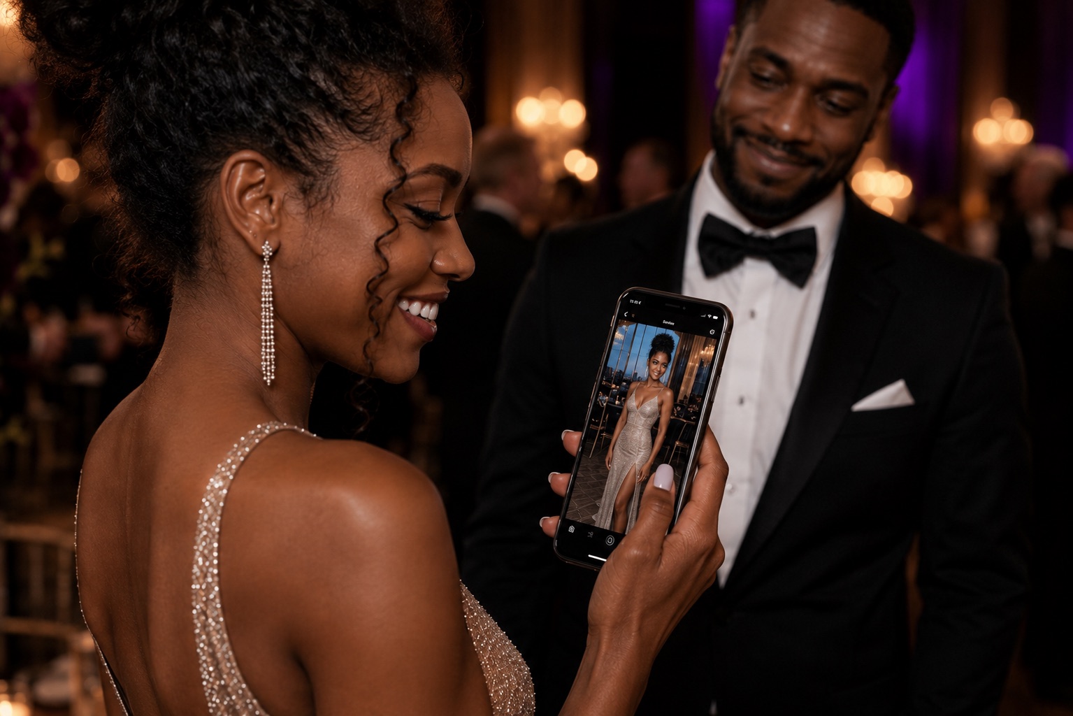 Close crop at a formal event: she's smiling at a photo of herself on the phone while he looks on, quietly pleased.